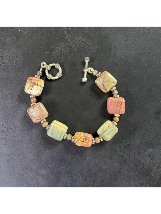 Hand Crafted Jewelry - Vintage Jasper Stone Bracelet Earthy Square Beads W/ Toggle Clasp Handmade 7.5”